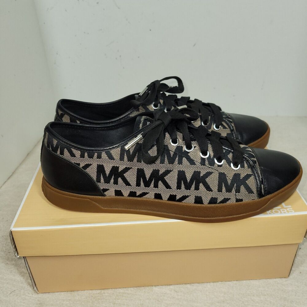 Michael Kors Shoes Size 10 Womens Black Tan MK Signature Logo Lace Up Sneakers - Picture 9 of 16